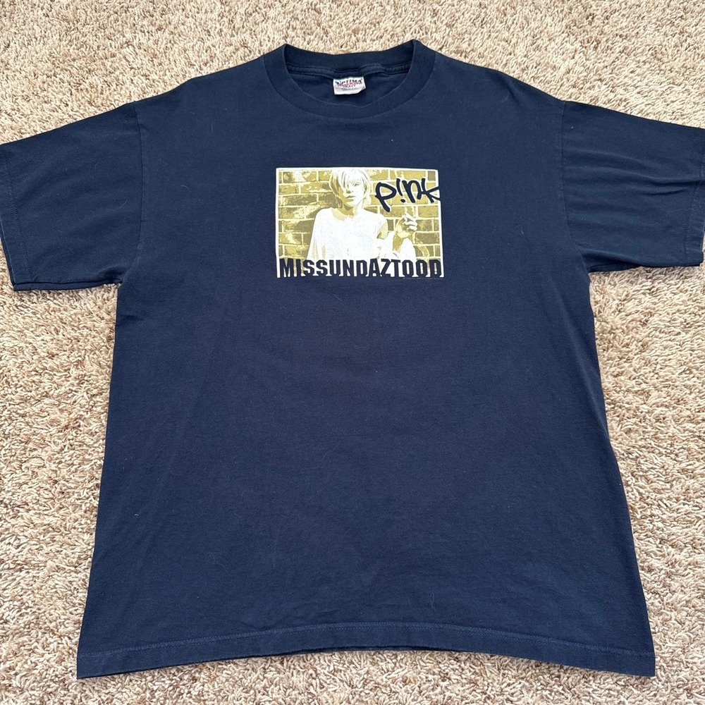 Vintage Pink Missundaztood Tour 2002 T-Shirt Navy Blue Optima Heavy Cotton Large